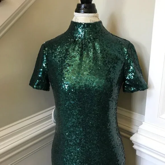 NWT STAUD Llana Sequins Maxi Dress Gown Womens XS Green Mock Neck Tie Back  NEW